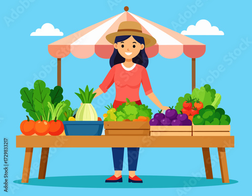 A cheerful woman stands behind a stall brimming with fresh fruits and vegetables at a farmer's market. The illustration promotes healthy eating and local, sustainable food.