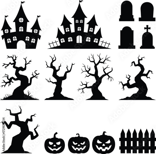 Halloween silhouettes, haunted house, spooky graveyard, twisted tree, jack-o'-lantern, creepy fence, scary icons, black shapes, eerie design, festive elements, horror theme, October graphics