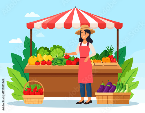 Woman selling fresh vegetables at a market stall, smiling with baskets of colorful produce under a striped canopy in a bright outdoor setting.