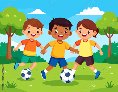 hree cheerful kids playing soccer outdoors on a sunny day, smiling and having fun together on the grass field with green trees in the background.