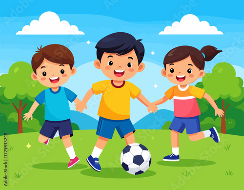 Three happy kids playing soccer together on a green field, holding hands, smiling, and enjoying a fun outdoor activity under a bright blue sky.