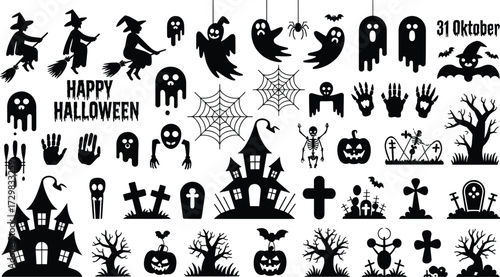 Halloween silhouettes, haunted house, witch, ghost, bats, pumpkins, skeleton, spiders, spiderwebs, graveyard, creepy trees, zombie hands, scary faces, October 31, spooky icons, decorations