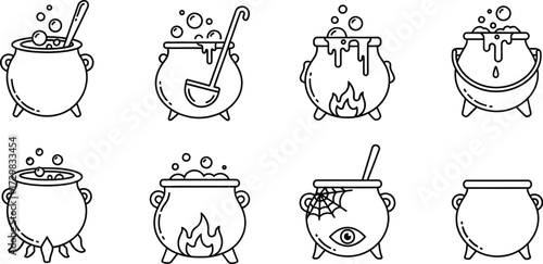 Collection of witch cauldrons, each bubbling with potion and magic for halloween themed designs
