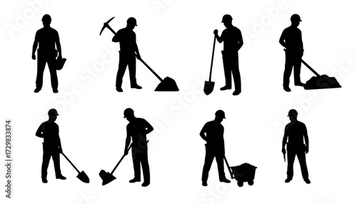 Construction workers silhouette holding tools ready for any project
