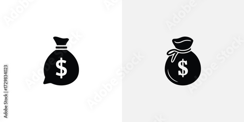 Two Black Money Bag Icons with Dollar Signs on a White Background Illustration