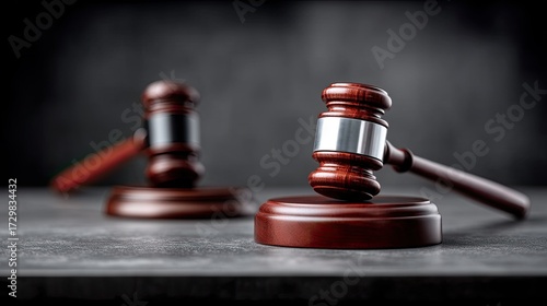 Two Dark Wooden Gavel Props on Grey Concrete Surface with Blurred Background Justice and Law Concept