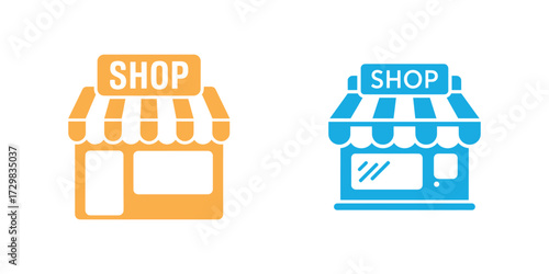 Two Stylized Shop Icons Orange Storefront with Awning and Blue Store Illustration Isolated on White