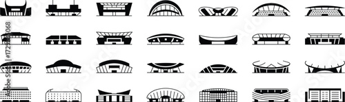 Stadium icon collection, black and white vector, sports arena design, architectural layout, modern stadium silhouette, minimal style, urban illustration