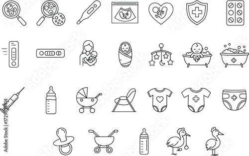 Outline Pregnancy, Maternity, and Newborn Baby Care Vector Icons Set, SEO Optimized Collection for Healthcare, Pediatrics, Childbirth, Parenting, and In