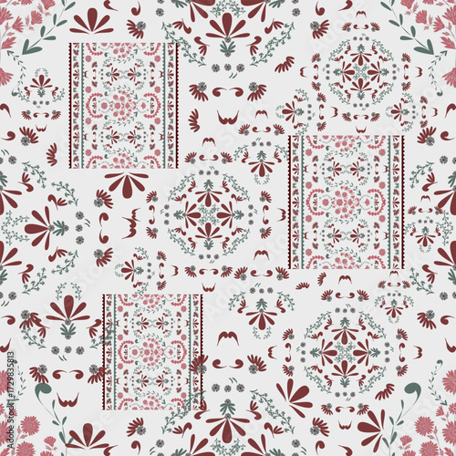 Floral seamless folk pattern, ethnic folklore flowers. Ethnic flowers, Jacobean traditional style on a white background. Classic indian motifs, trendy vector illustration