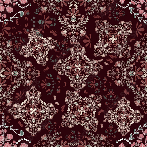 Floral seamless folk pattern, ethnic folklore flowers. Ethnic flowers, Jacobean traditional style on a white background. Classic indian motifs, trendy vector illustration