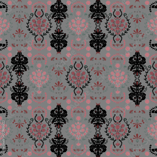 Floral seamless folk pattern, ethnic folklore flowers. Ethnic flowers, Jacobean traditional style on a white background. Classic indian motifs, trendy vector illustration