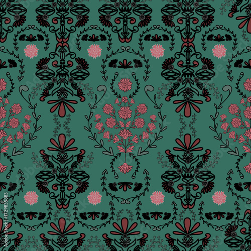 Floral seamless folk pattern, ethnic folklore flowers. Ethnic flowers, Jacobean traditional style on a white background. Classic indian motifs, trendy vector illustration