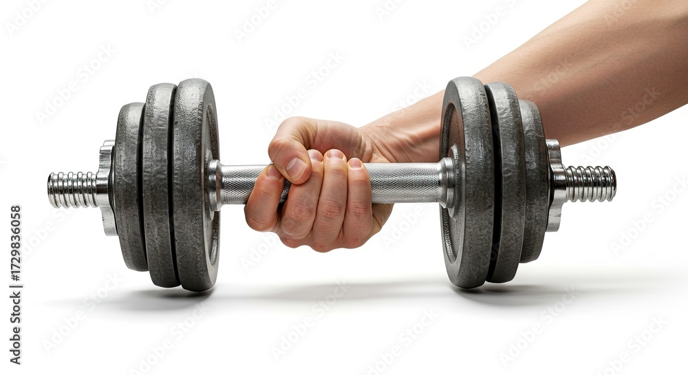 Fototapeta premium A hand firmly grips a dumbbell with weight plates attached to each side