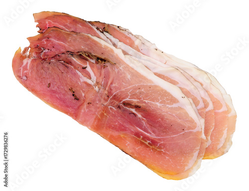 Traditional Italian prosciutto crudo dry cured ham slices with black truffle isolated on a white background