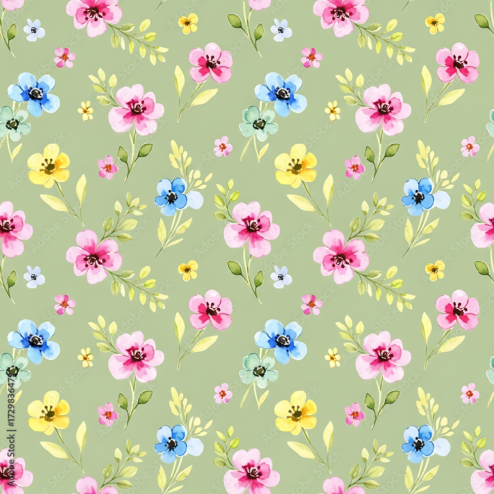 Fototapeta premium Watercolor floral and leaf pattern of hand-painted wildflowers and sprawling leaves,created for wallpaper and fabric, illuminated with diffused