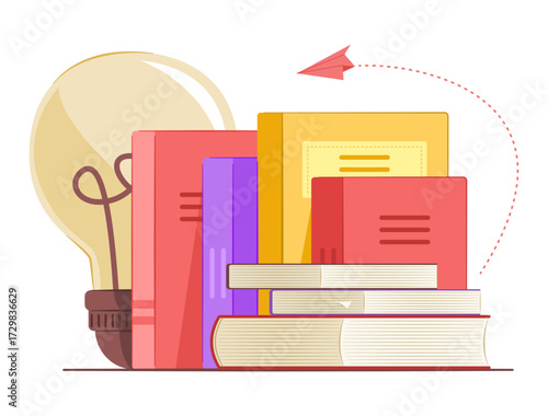 Stack of Books with Big Idea Light Bulb for Education, Learning and Creative Thinking Concept Illustration Clip Art