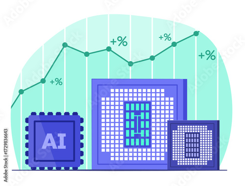 Microchips with Financial Trading Graph Chart for Online Investment in Semiconductor Technology and Electronic Industry Concept Illustration