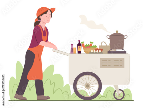 Street Vendor Woman Pushing a Pushcart to Sell Street Foods on the Roadside for Occupation Concept Illustration