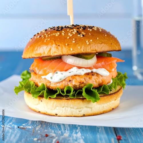 Grilled salmon burger on a toasted bun with lettuce, onions, pickles, and creamy sauce