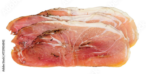 Traditional Italian prosciutto crudo dry cured ham slices with black truffle isolated on a white background