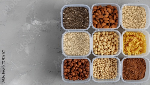 Assorted Dry Foods in Plastic Containers on Gray Textured Surface, Top View