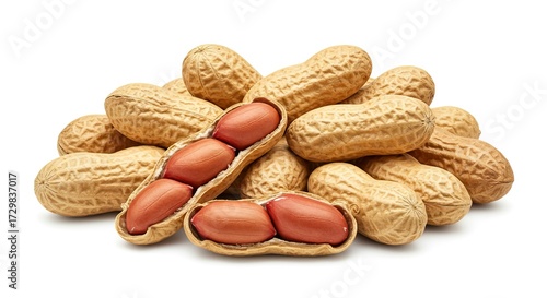 A pile of peanuts some shelled revealing three and two nuts inside on a white surface