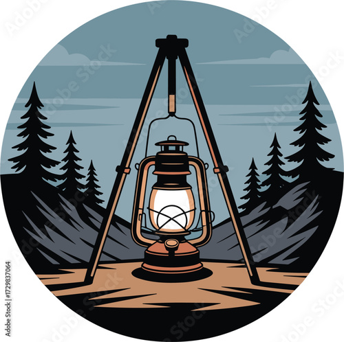 Camping Lantern with Tripod Stand Vintage Outdoor Scene