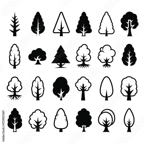 Collection of twenty four tree icons, black silhouettes isolated on white background