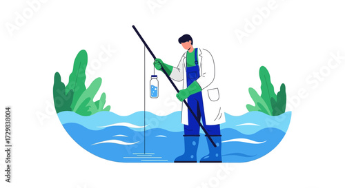 Scientist collecting water samples for research and analysis in nature setting represented in a