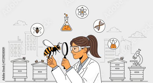Scientist Inspecting a Bee in an Urban Apiary Setting with Scientific Icons Around