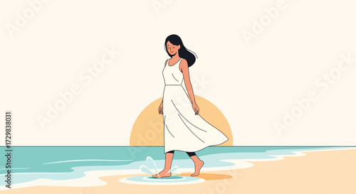 Serene beach walk illustration featuring a woman in a white dress at sunset