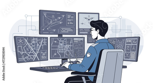 Security Control Room Operator Monitoring Surveillance Systems with Multiple Screens Displaying