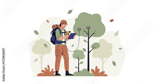 Scientist or researcher conducting environmental research in a forest using technology for tree