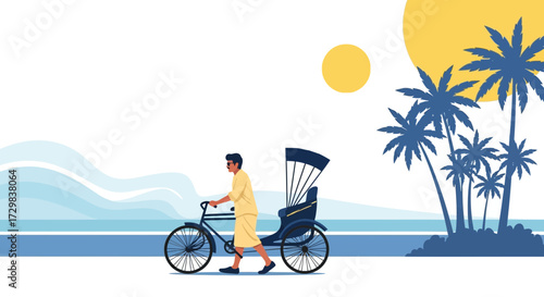 Silhouette of a man with a rickshaw on a beach with palms enjoying summer vacations