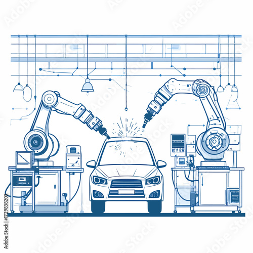 Precision robotic arms assembling a car on an automated line in a smart factory, illustrating industrial innovation, manufacturing efficiency, and the future of AI production