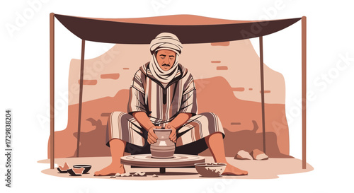 Traditional Craftsman Creating Pottery on a Wheel Under a Tent in a Desert Environment