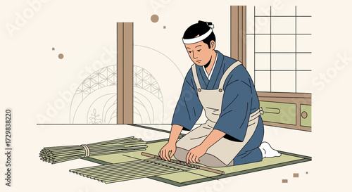 Traditional craftsman weaving tatami mats in Japan showcasing japanese culture and art