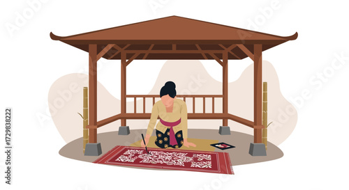 Traditional Indonesian batik artist creating patterns in a beautiful outdoor pavilion