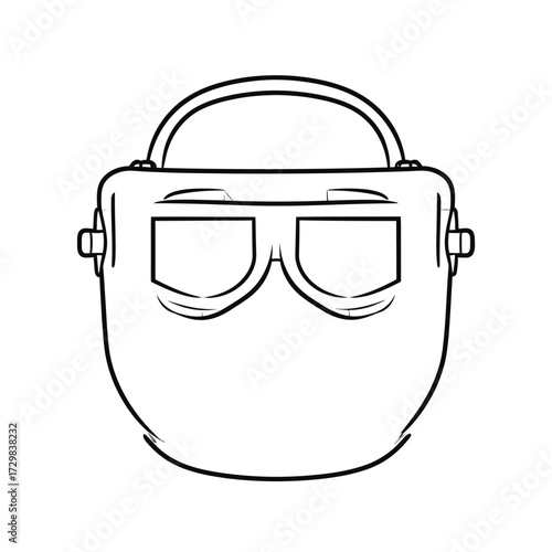 A simple line drawing of a welding mask, a protective face shield with large goggles