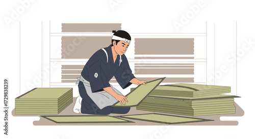 Traditional japanese artisan meticulously crafting tatami mats with precision and dedication