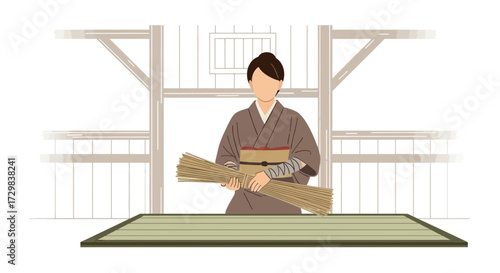 Traditional Japanese artisan prepares tatami mats in a rustic workshop setting with natural