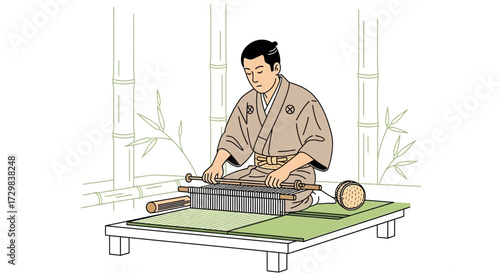 Traditional japanese craftsman weaving textile on loom with bamboo background illustration