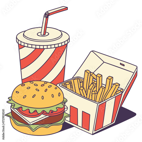  Vector illustration of burger, fries, and soda combo in modern flat style.