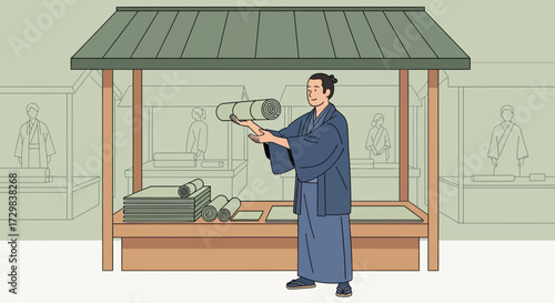 Traditional japanese market scene with merchant selling scrolls and paper goods illustration