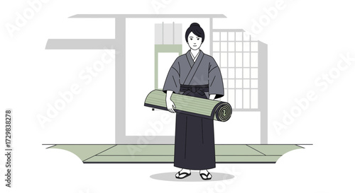 Traditional japanese man holding tatami mat in a minimalist modern style house serene culture