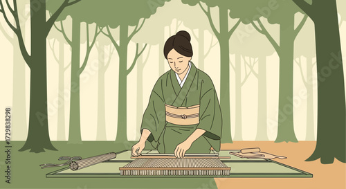 Traditional japanese woman weaving in a serene forest landscape illustration