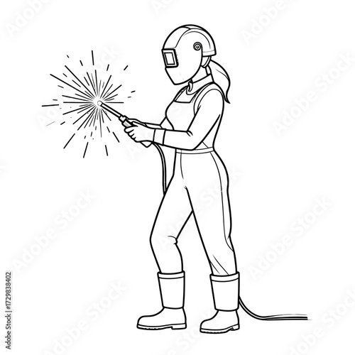 Cartoon-style flat vector outline of a determined female welder in full protective gear, generating bright sparks during metalwork, representing industrial skill and safety