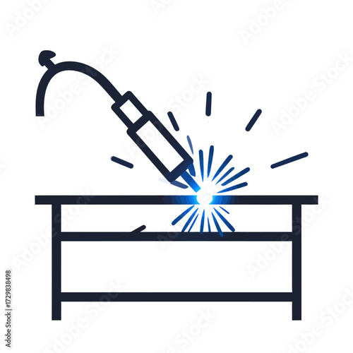 Clean flat outline vector icon of a welding torch creating bright sparks on a metal workbench, symbolizing industrial fabrication, repair, and manufacturing processes with a modern graphic aesthetic