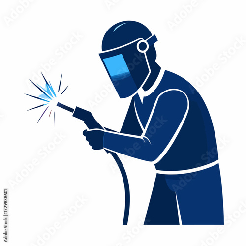 Flat vector illustration of a welder performing work, featuring protective helmet and sparks, ideal for industrial safety and skilled labor concepts